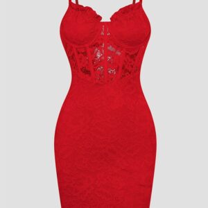 floral lace corset spaghetti strap sheer hollow out bodycon mini dress