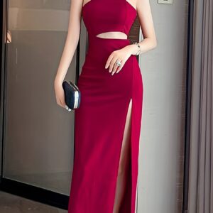 asymmetrical one shoulder strap waist cutout high slit bodycon maxi dress