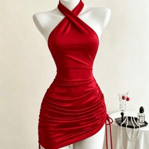 satin criss cross halter side drawstring ruched bodycon mini dress