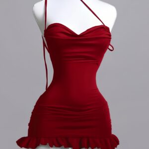 multiway tie spaghetti strap cowl neck low back ruched ruffle hem bodycon mini dress